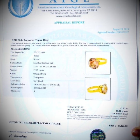 GIA Precious Topaz 17.97ct Solid 18K Gold Ring - Picture 4 of 9